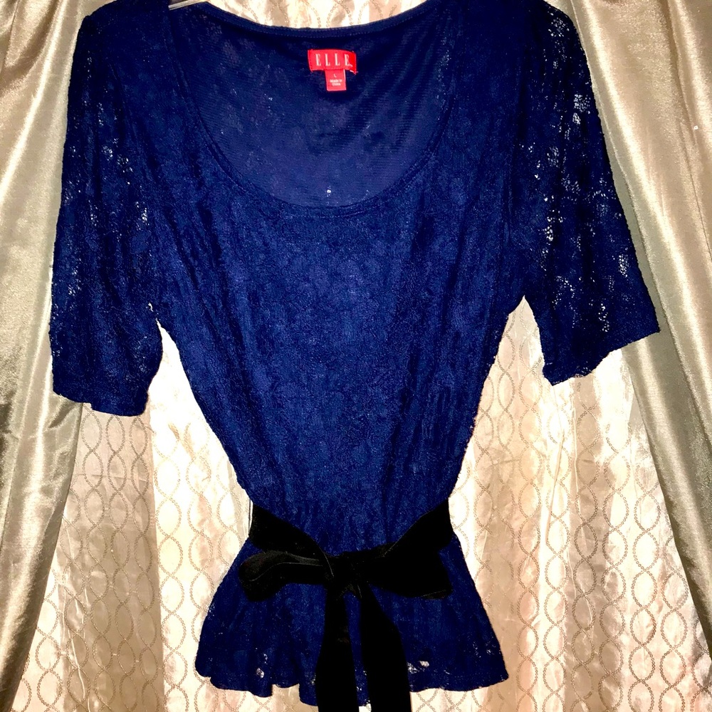 NEW ELLE Royal Blue Lace Short Sleeve Peplum Top w/ Velvet Ribbon Belt Large